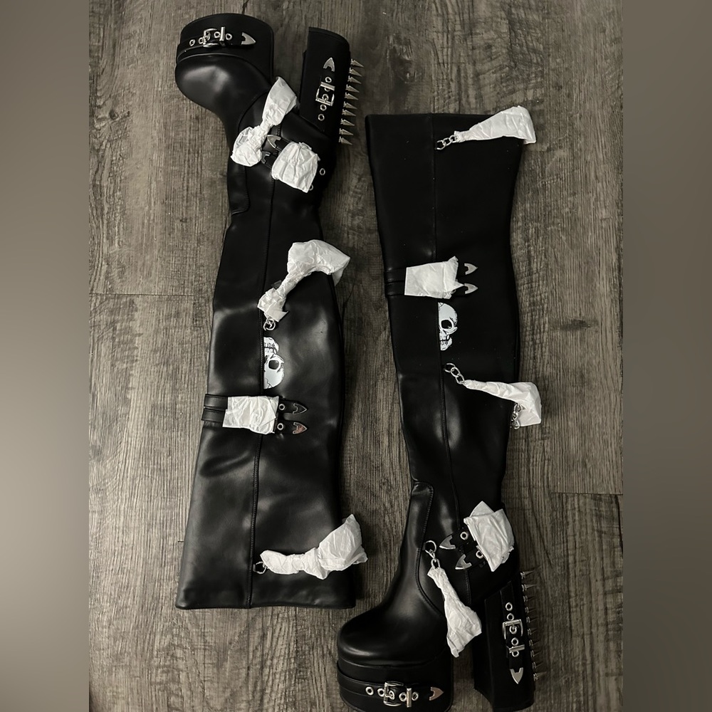 Thigh High Vegan Leather Heeled Boots with Embellishments